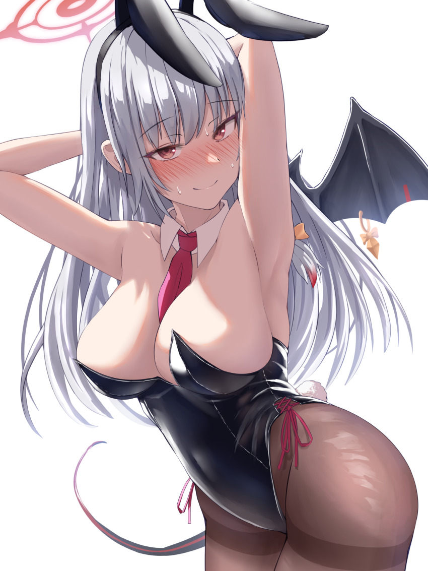 1girl, animal_ears, armpits, arms_behind_head, arms_up, bare_arms, between_breasts, black_leotard, black_pantyhose, blue_archive, blush, breasts, cleavage, collar, covered_navel, cowboy_shot, detached_collar, fake_animal_ears, fake_tail, haruna_(blue_archive), highres, large_breasts, leotard, long_hair, looking_at_viewer, md5_mismatch, necktie, necktie_between_breasts, no_bra, pantyhose, piercing, playboy_bunny, rabbit_ears, rabbit_tail, red_eyes, red_necktie, resolution_mismatch, ribbon, silver_bullet_(ecc12_8), simple_background, single_wing, smile, solo, source_smaller, sweat, tail, white_background, white_collar, white_hair, wing_piercing, wings