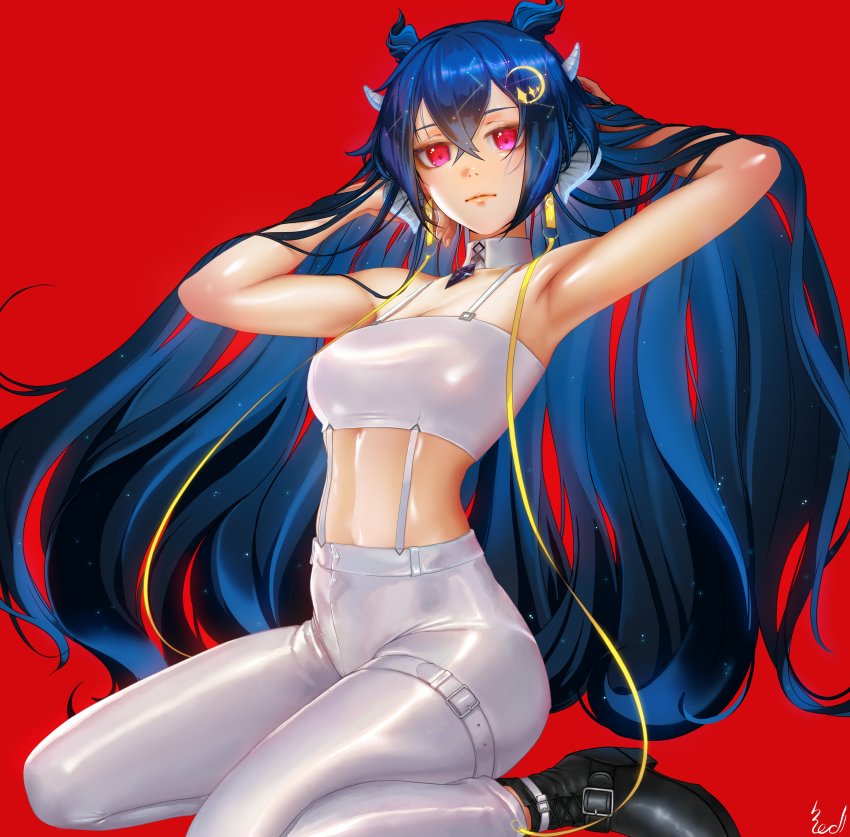 1girl, absurdres, armpits, arms_up, ashe_redd_(artist), blue_hair, boots, breasts