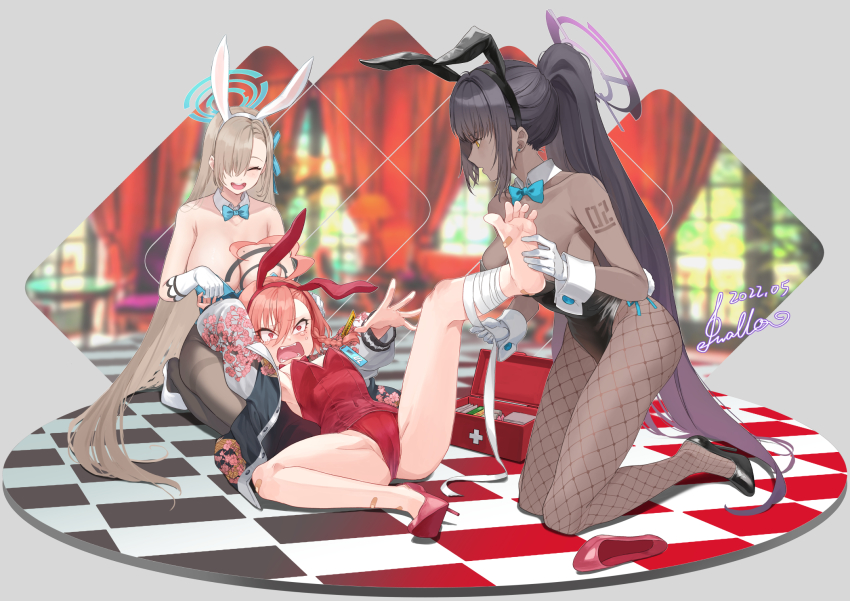ahoge, animal_ears, aqua_leotard, asuna_(blue_archive), asuna_(bunny)_(blue_archive), asymmetrical_bangs, bandaid, bandaid_on_foot