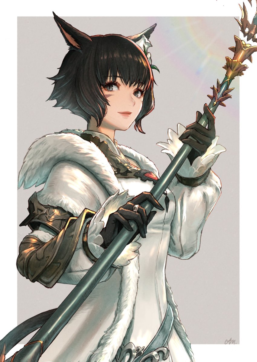 1girl, absurdres, animal_ears, warrior_of_light_(ff14), belt, black_gloves, black_hair, blouse