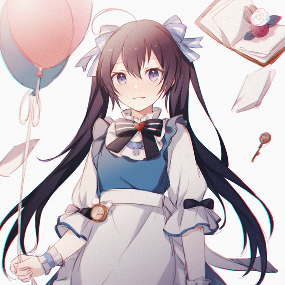 1girl, alice_(alice_in_wonderland), alice_(alice_in_wonderland)_(cosplay), balloon, bungou_stray_dogs, clock, cosplay, holding, holding_balloon, izumi_kyouka_(bungou_stray_dogs), looking_at_viewer, smile, solo, tohoko_kiri, twintails