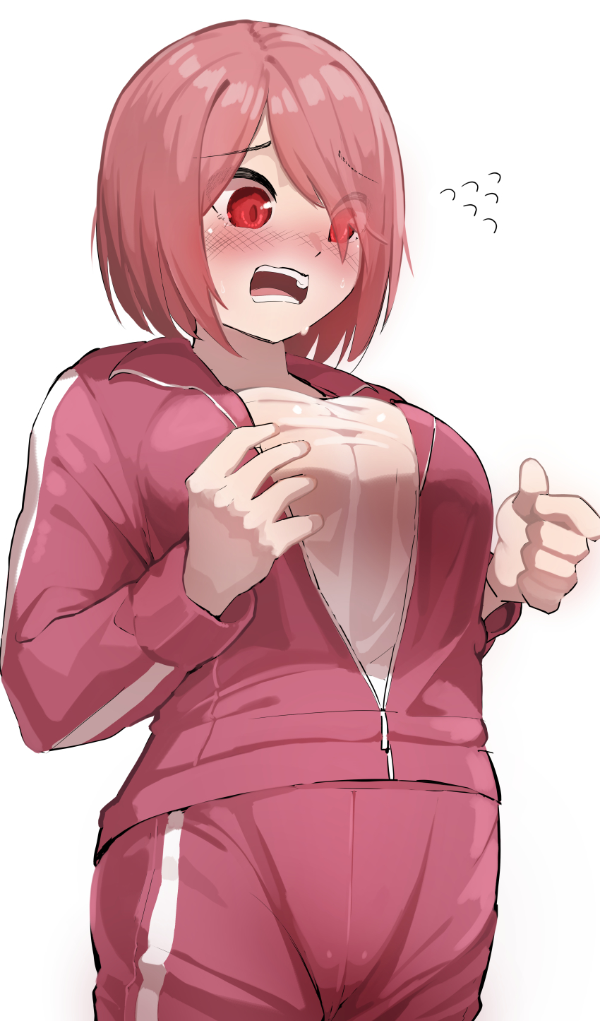 1girl, absurdres, blush, breasts, cleavage, highres, hoshino_miyako_(wataten), jacket, kim_chelswuchelswu, large_breasts, no_bra, open_mouth, pants, red_eyes, red_track_suit, short_hair, solo, track_jacket, track_pants, track_suit, watashi_ni_tenshi_ga_maiorita!