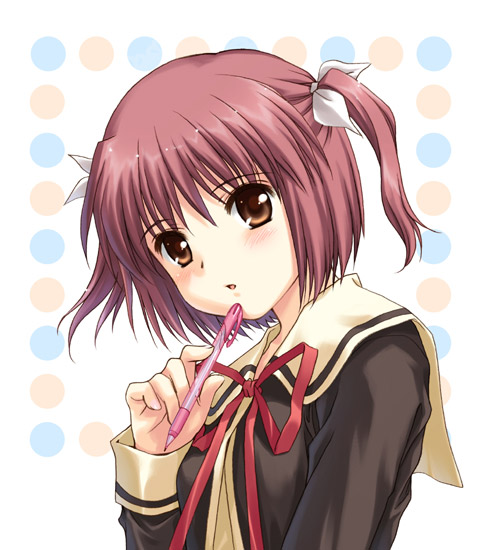 character_request, mechanical_pencil, pencil, sato-pon, school_uniform, short_hair, short_twintails, solo