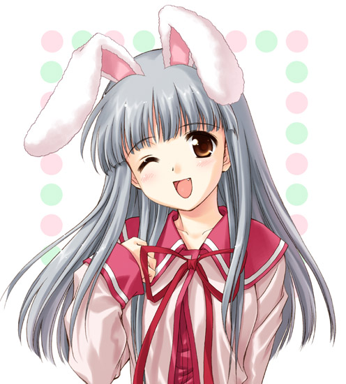 animal_ears, character_request, fang, one_eye_closed, open_mouth, rabbit_ears, sato-pon, school_uniform