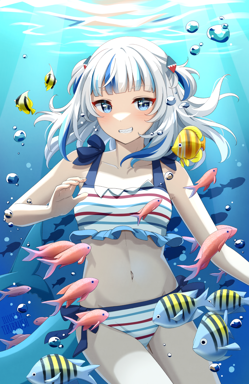1girl, bikini, blue_eyes, blue_hair, blunt_bangs, bubble, fins, fish
