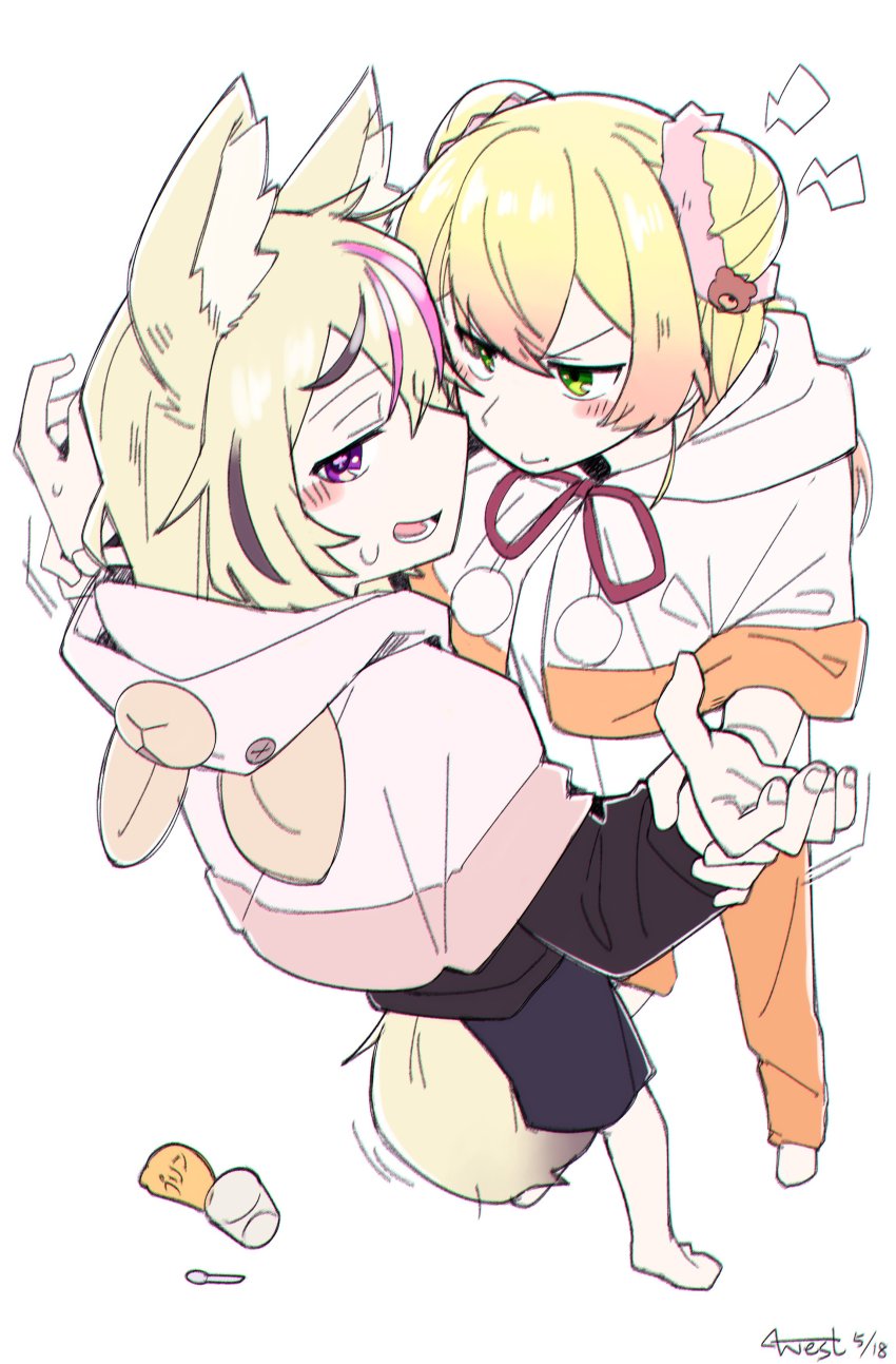 2girls, absurdres, animal_ears, animal_hood, artist_name, blonde_hair, blurry, blush