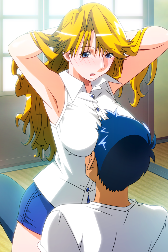 1boy, 1girl, adjusting_hair, armpits, arms_behind_head, arms_up, between_breasts, blonde_hair