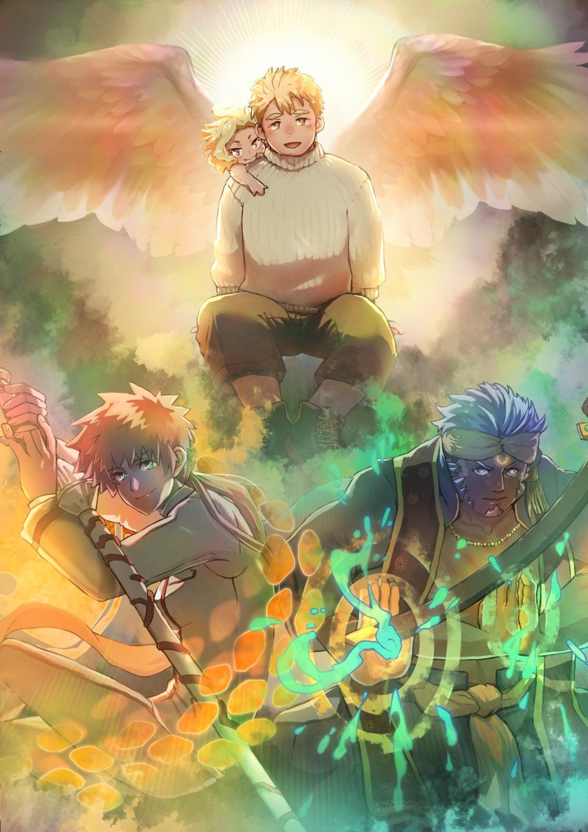 1girl, 2boys, :d, blonde_hair, brown_eyes, cherub, closed_mouth, cupid_(housamo)