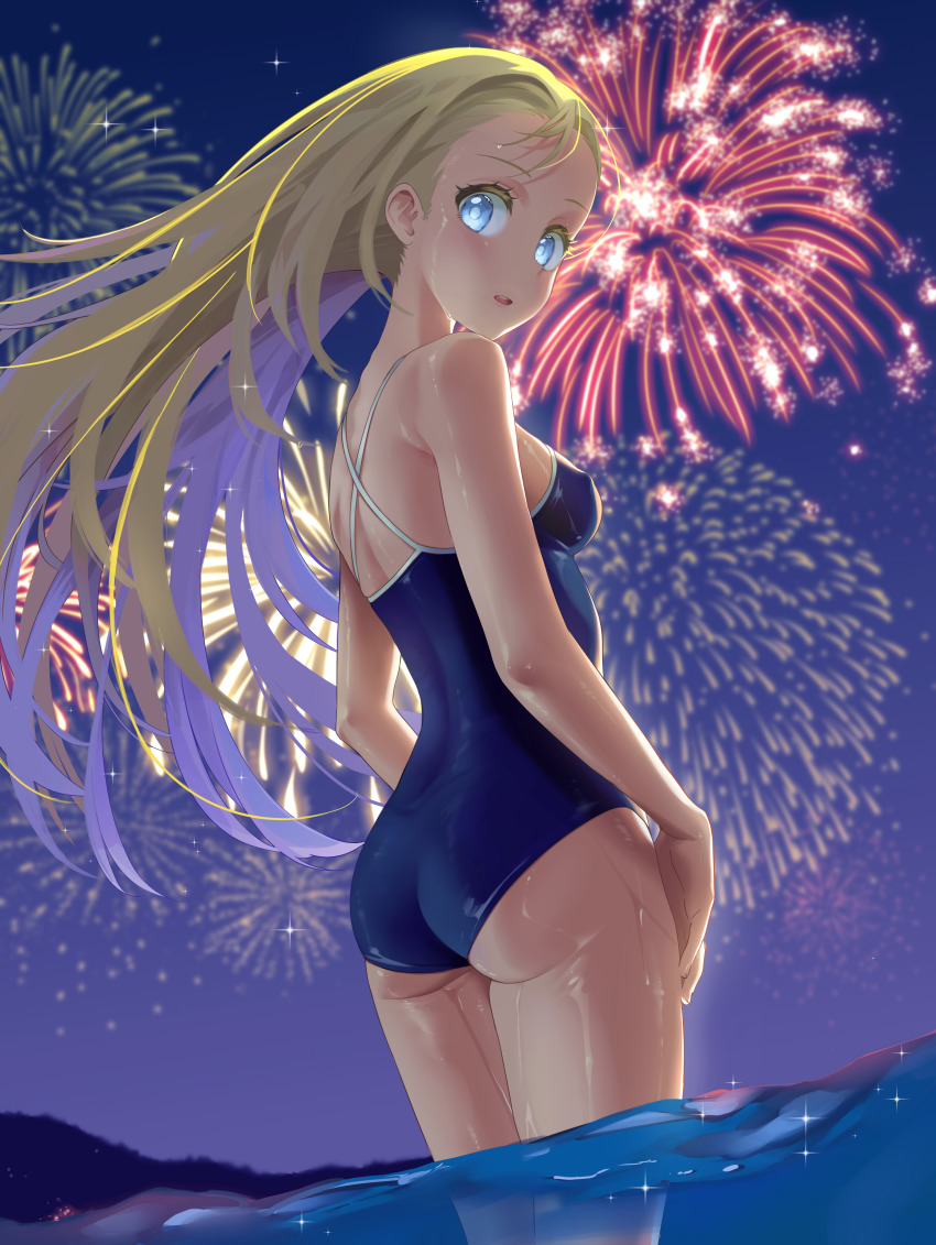 1girl, a01macaron, absurdres, ass, blonde_hair, blue_eyes, blue_one-piece_swimsuit, breasts, competition_school_swimsuit, cowboy_shot, fireworks, forehead, from_above, highres, kofune_ushio, long_hair, looking_back, night, one-piece_swimsuit, outdoors, partially_submerged, partially_underwater_shot, school_swimsuit, small_breasts, soaking_feet, solo, summertime_render, swimsuit, underwater, wading, water