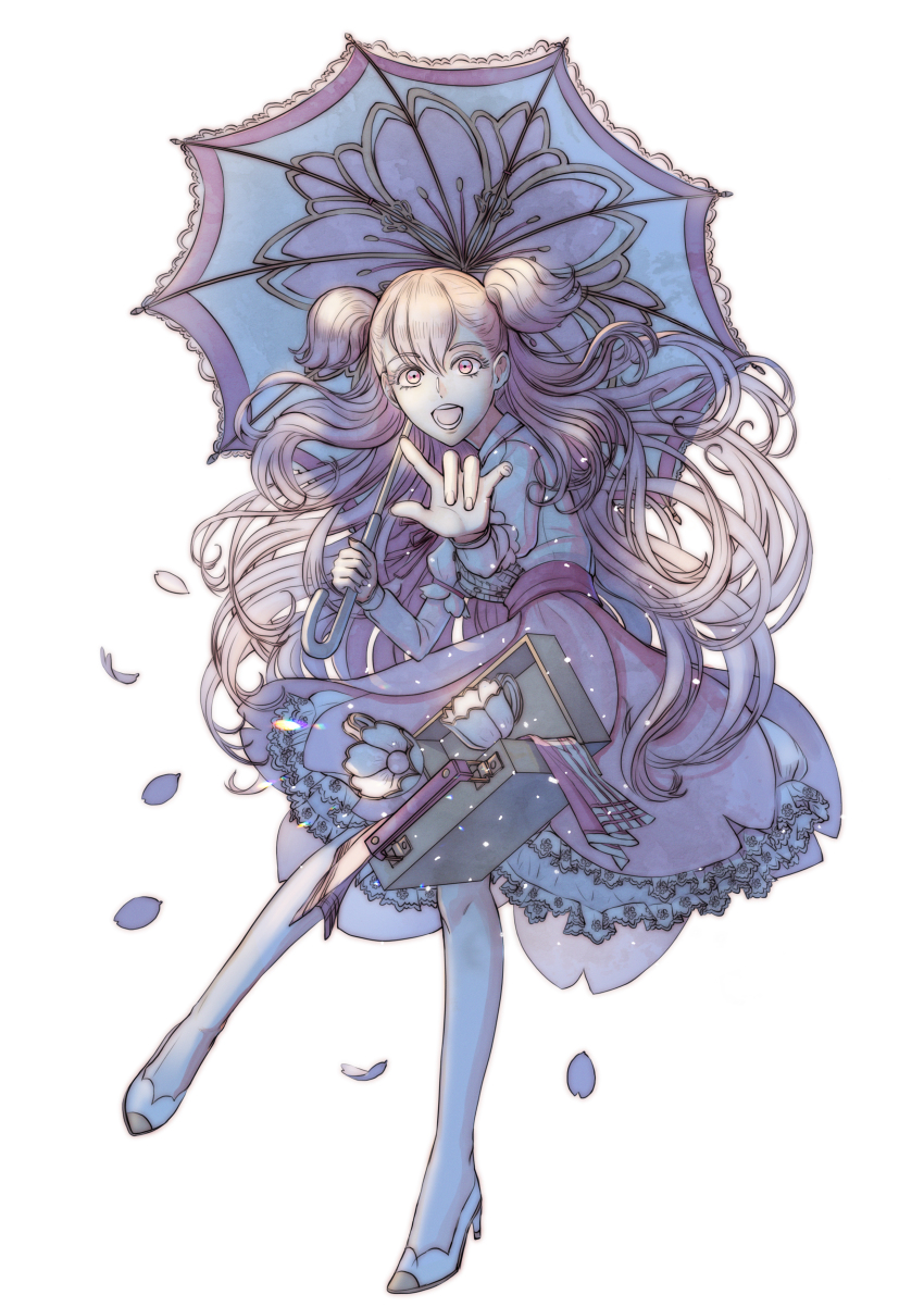 1girl, :d, absurdres, artist_name, chenovellia, cherry_blossom_cookie, cookie_run, full_body, highres, humanization, long_hair, looking_at_viewer, open_mouth, outdoors, parasol, personification, pink_hair, pink_skirt, pink_umbrella, skirt, smile, solo, umbrella