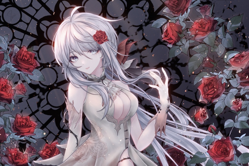 1girl, character_request, cleavage_cutout, clothing_cutout, copyright_request, cross, dress, flower, gloves, grey_eyes, hair_flower, hair_ornament, high_collar, highres, looking_at_viewer, rika_mayuzumi, rose, sleeveless, slit_pupils, solo, virtual_youtuber, white_dress, white_hair