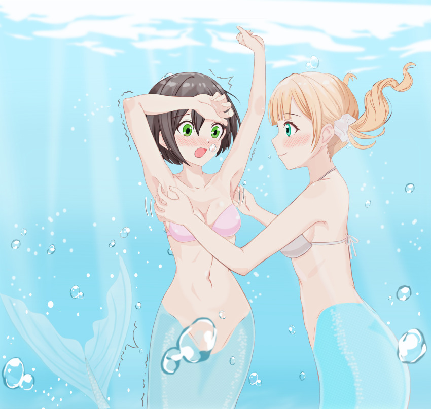 2girls, absurdres, armpits, arms_up, bare_shoulders, bikini, bikini_top_only, black_hair