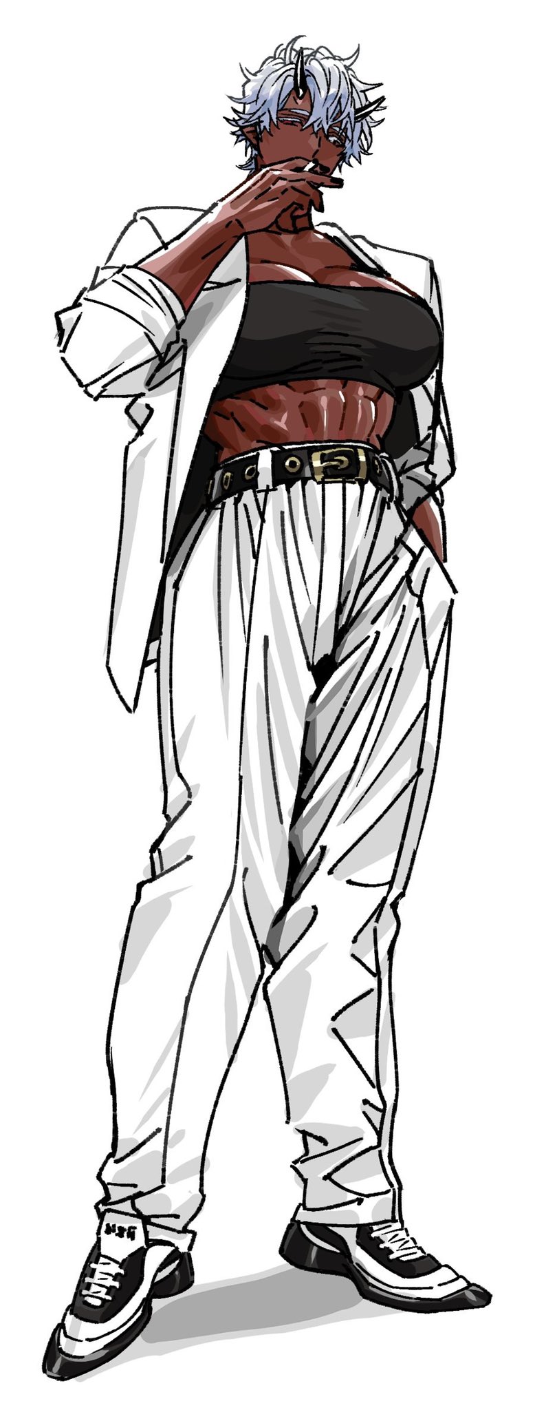 1girl, abs, black_horns, black_nails, cigarette, colored_skin, cosplay, don_johnson, fingernails, formal_clothes, grey_background, grey_hair, hair_between_eyes, hand_in_pocket, heterochromia, highres, holding, holding_cigarette, horns, miami_vice, muscular, muscular_female, nail_polish, oni, oni_horns, original, pointy_ears, red_skin, shoes, short_hair, simple_background, sleeves_rolled_up, smoking, sneakers, solo, standing, suit, white_eyes, white_suit, zkstxxxb