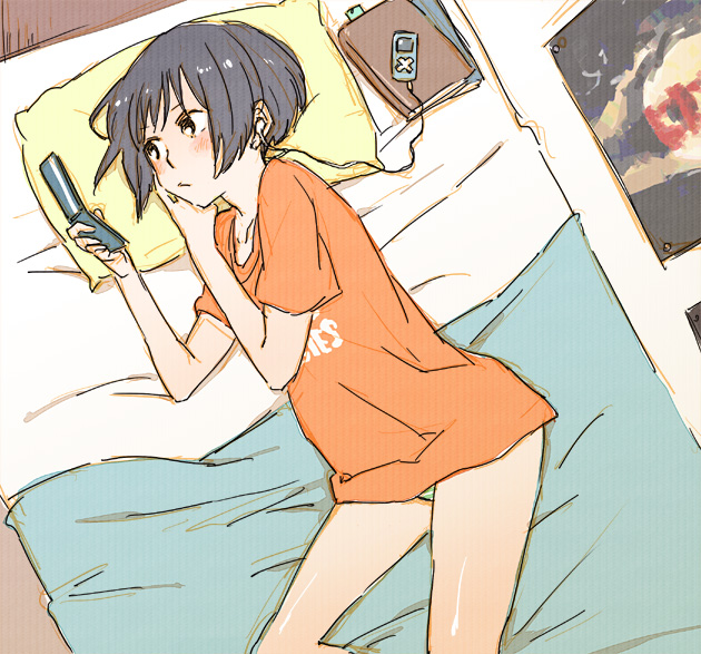 1girl, bed, blush, bob_cut, book, bottomless, cellphone, mp3_player