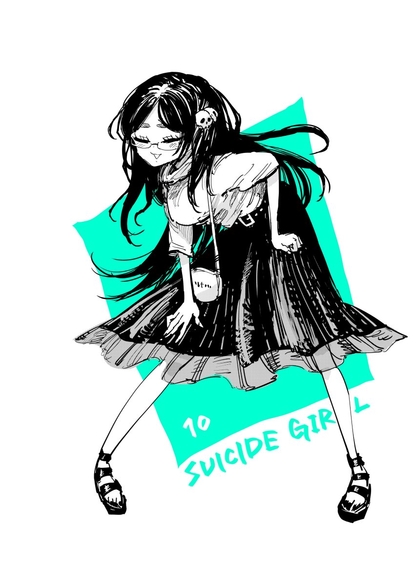 1girl, absurdres, black_hair, black_skirt, breasts, closed_eyes, glasses, hair_ornament, highres, long_hair, nakayama_atsushi, niyagara_akane, open_mouth, skirt, skull_hair_ornament, suicide_girl