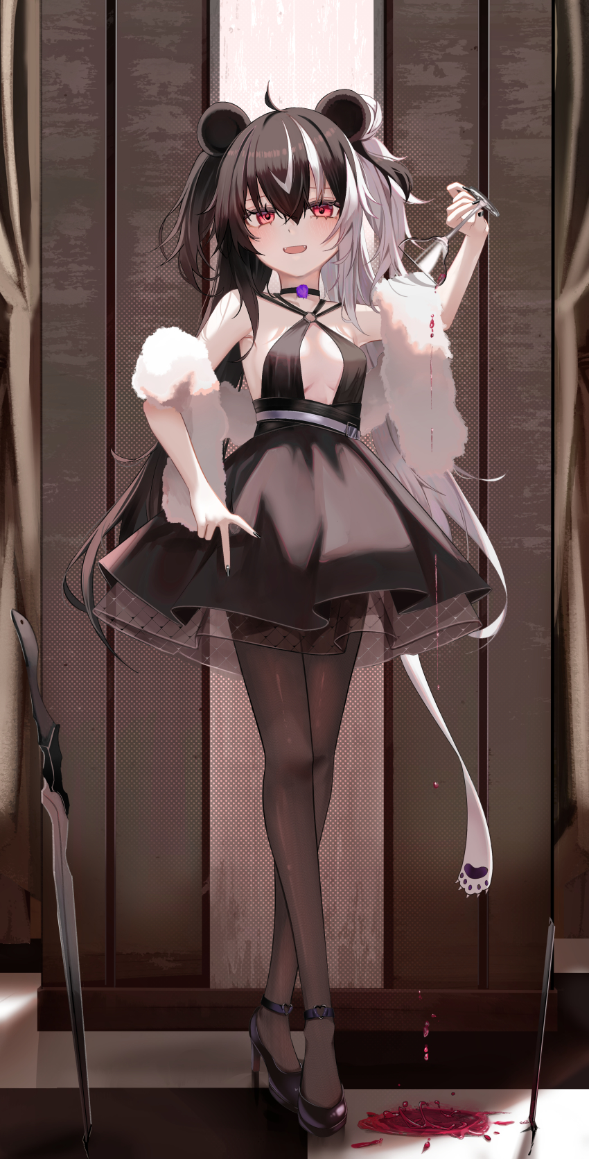 1girl, :d, absurdres, ahoge, alcohol, animal_ears, arm_up, armpits, bare_shoulders, black_choker, black_dress, black_footwear, black_hair, breasts, brown_pantyhose, choker, commission, criss-cross_halter, crossed_legs, dress, fangs, feather_boa, full_body, hair_bun, halter_dress, halterneck, high_heels, highres, indie_virtual_youtuber, long_hair, long_legs, looking_at_viewer, medium_breasts, multicolored_hair, nail_polish, no_bra, obear, open_mouth, panda_ears, pantyhose, pixiv_commission, pouring, red_eyes, ru_zhai, short_dress, single_hair_bun, sleeveless, sleeveless_dress, smile, solo, standing, streaked_hair, sword, tile_floor, tiles, two-tone_hair, two_side_up, v, virtual_youtuber, watson_cross, weapon, white_hair, wine