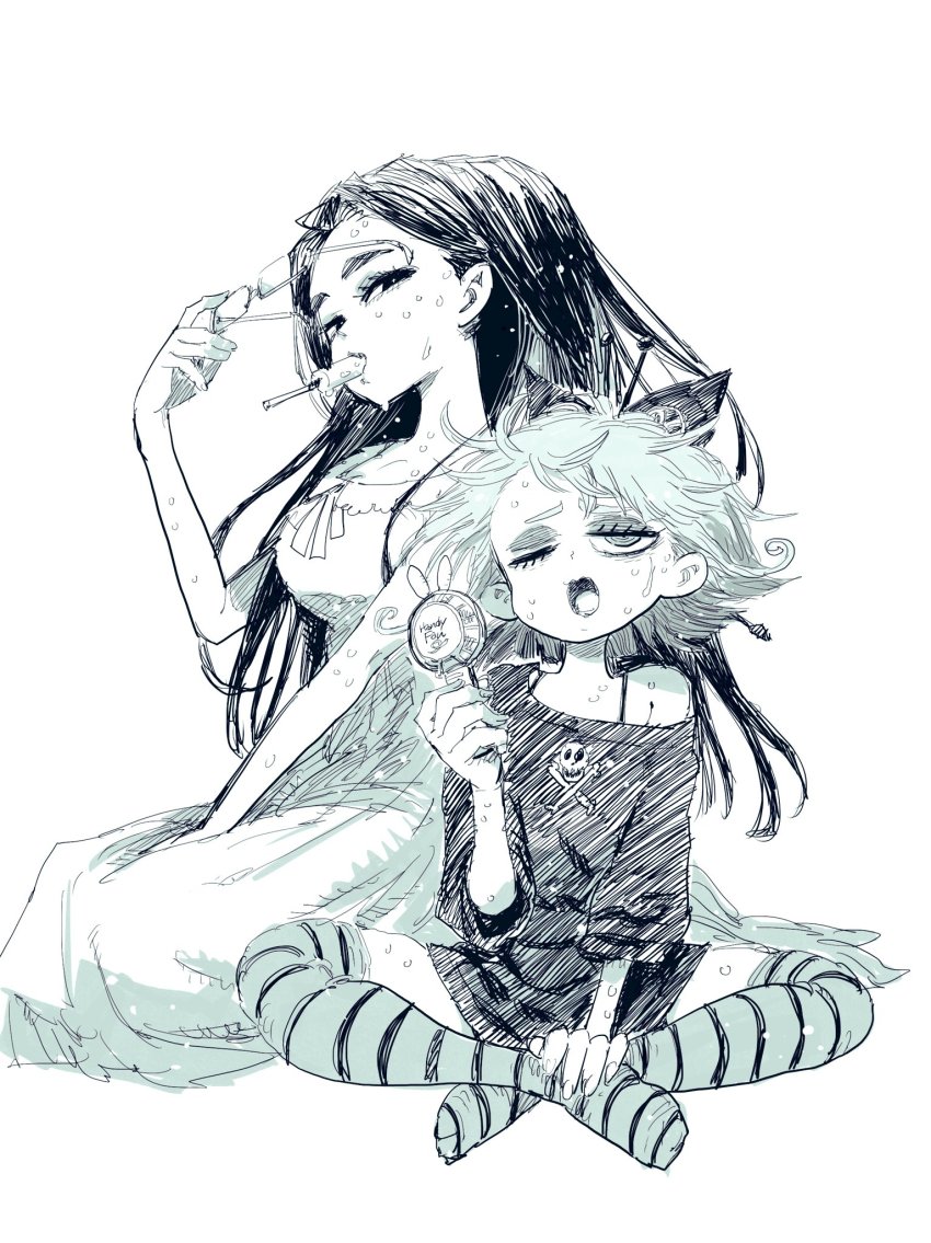 2girls, breasts, dress, eating, glasses, greyscale, hair_ornament, highres