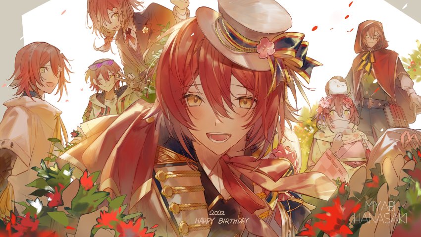 2022, 6+boys, :d, ;), absurdres, animal, animal_on_head, argyle_clothes