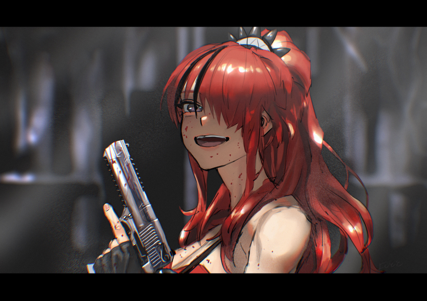1girl, absurdres, bare_shoulders, black_hair, blood, blood_on_face, eden-gumi, fingernails, gun, hair_ornament, highres, holding, holding_gun, holding_weapon, index_finger_raised, lain_paterson, lain_paterson_(1st_costume), letterboxed, long_hair, multicolored_hair, nijisanji, open_mouth, ponytail, purple_eyes, red_hair, solo, strap, streaked_hair, upper_body, virtual_youtuber, weapon, yosihito
