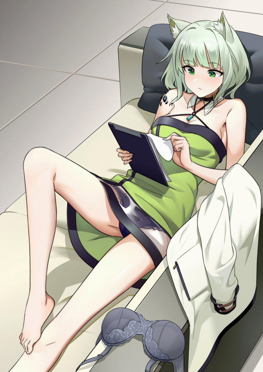 1girl, animal_ear_fluff, animal_ears, arknights, black_bra, black_panties, bra, breasts