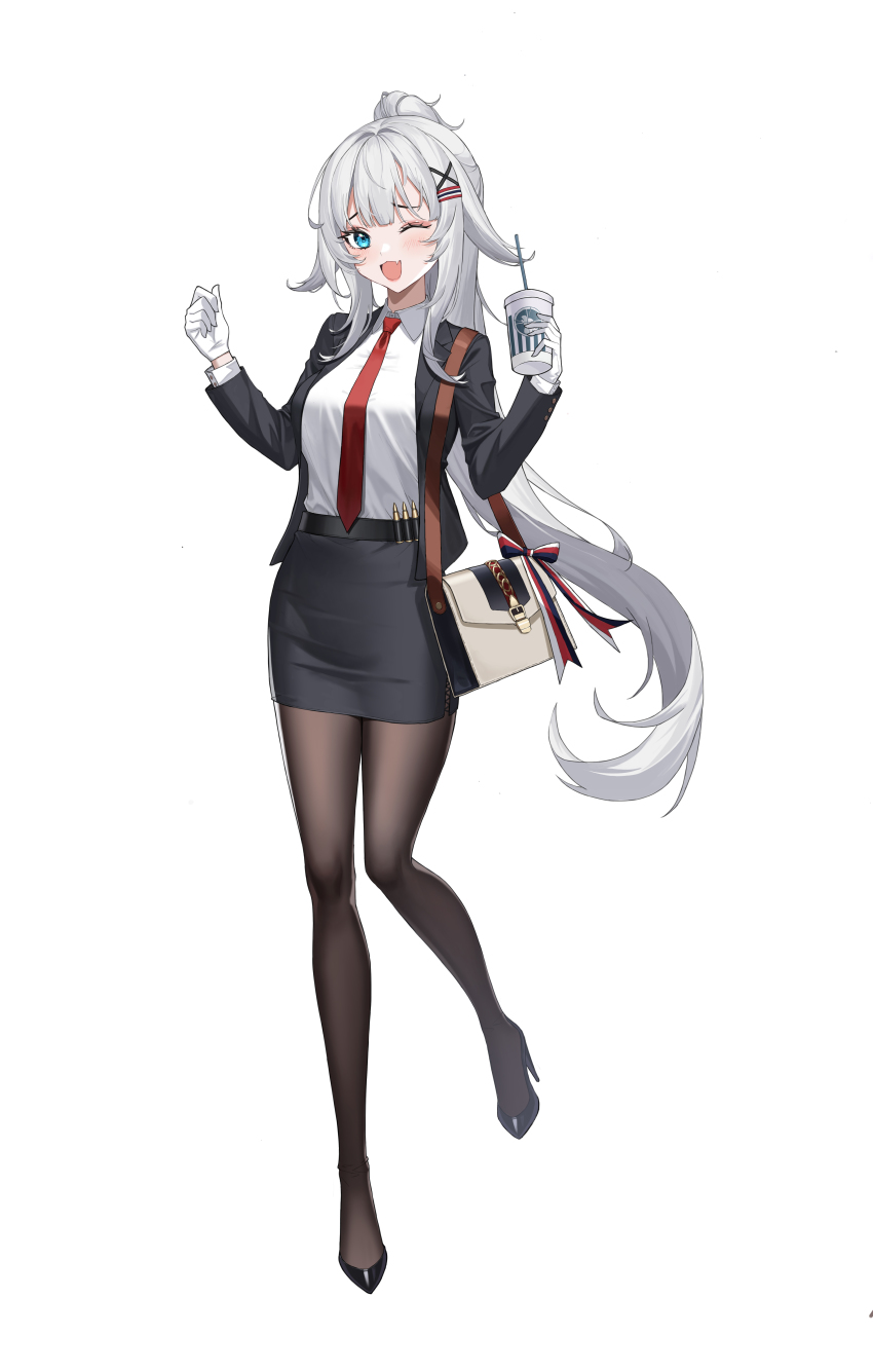 1girl, ;d, absurdres, bag, belt, black_footwear, black_jacket, black_skirt