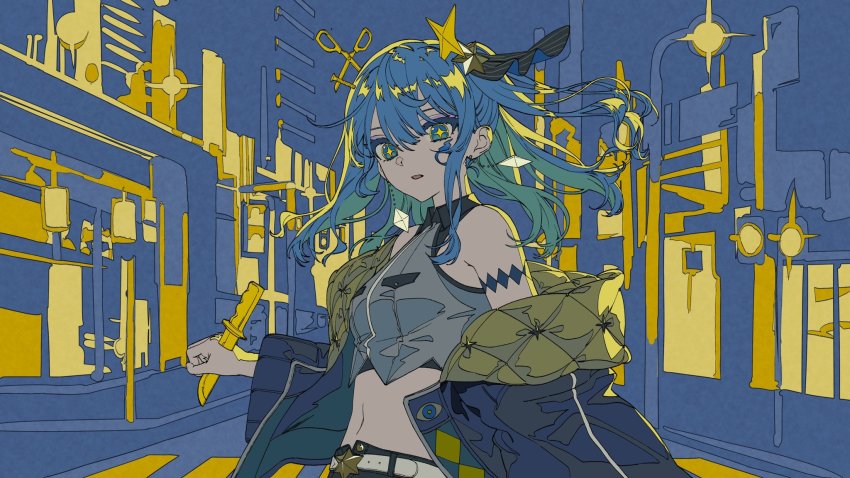 1girl, belt, black_jacket, blouse, blue_eyes, blue_hair, breast_pocket, crop_top