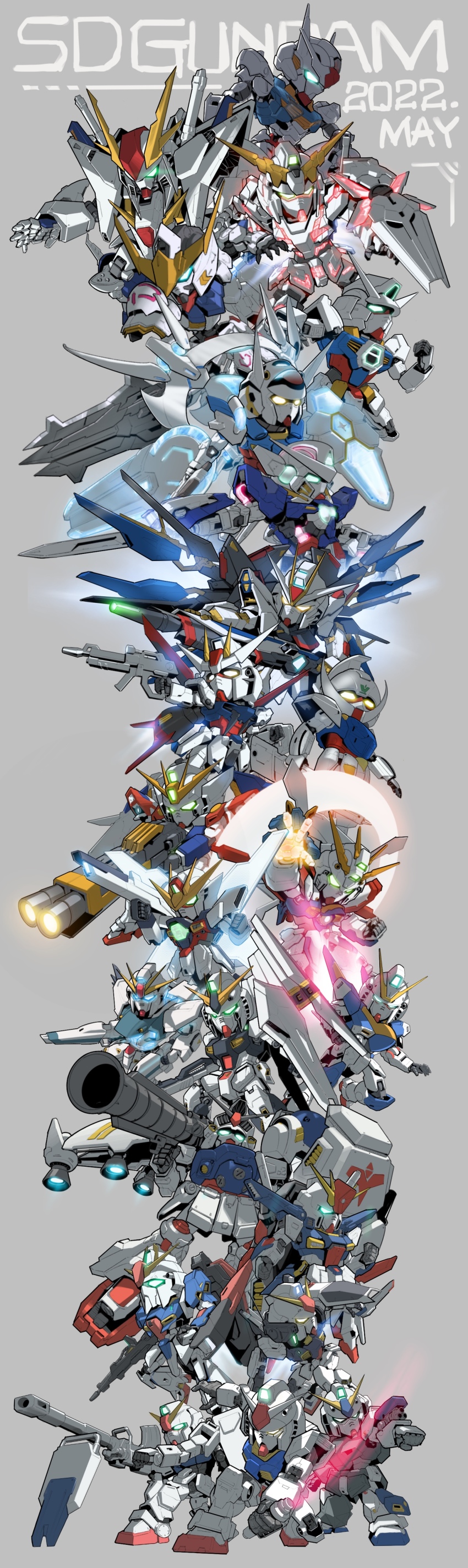2022, absurdres, after_war_gundam_x, aile_strike_gundam, bakunetsu_god_finger, blue_eyes, char's_counterattack, chibi, clenched_hand, clenched_hands, dated_commentary, energy_sword, energy_wings, everyone, f91_gundam, flying, g-self, g_gundam, glowing, glowing_eyes, god_gundam, green_eyes, grey_background, ground_gundam, gun, gundam, gundam_00, gundam_0080, gundam_0083, gundam_08th_ms_team, gundam_aerial, gundam_age, gundam_age-1, gundam_age-1_normal, gundam_alex, gundam_barbatos, gundam_exia, gundam_f91, gundam_g_no_reconguista, gundam_gp-02_physalis, gundam:_hathaway's_flash, gundam_mk_ii, gundam_seed, gundam_seed_destiny, gundam_suisei_no_majo, gundam_tekketsu_no_orphans, gundam_unicorn, gundam_wing, gundam_x, gundam_zz, heroes'_gallery, highres, holding, holding_gun, holding_sword, holding_weapon, mace, mecha, mobile_suit, mobile_suit_gundam, no_humans, nt-d, nu_gundam, open_hand, robot, rx-78-2_gundam, science_fiction, sd_gundam, shining_shoot_(pose), shoulder_cannon, strike_freedom_gundam, strike_gundam, sword, turn_a_gundam, turn_a_gundam_(mobile_suit), unicorn_gundam, v-fin, v2_gundam, victory_gundam, weapon, wing_gundam, wing_gundam_(ew), xi_gundam, yellow_eyes, zakuma, zeta_gundam, zeta_gundam_(mobile_suit), zz_gundam