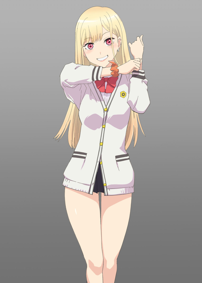 1girl, barbell_piercing, bare_legs, black_skirt, blonde_hair, bow, bowtie, cardigan