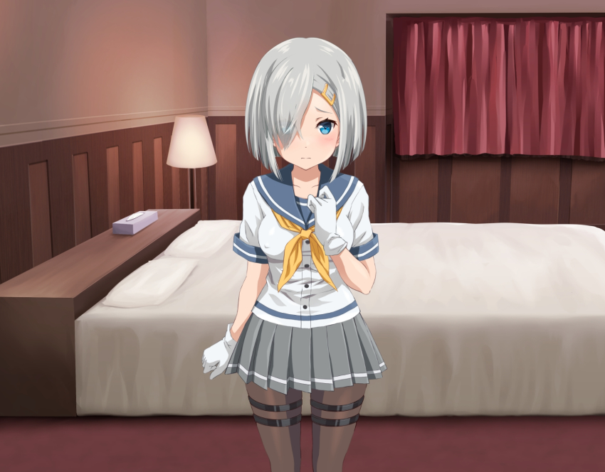 1girl, bed, bedroom, black_pantyhose, blue_eyes, breasts, gloves, grey_hair, grey_skirt, hair_ornament, hair_over_one_eye, hairclip, hamakaze_(kancolle), highres, indoors, kantai_collection, large_breasts, miniskirt, miracan, neckerchief, pantyhose, pleated_skirt, school_uniform, serafuku, short_hair, short_sleeves, skirt, solo, standing, thigh_strap, white_gloves, yellow_neckerchief