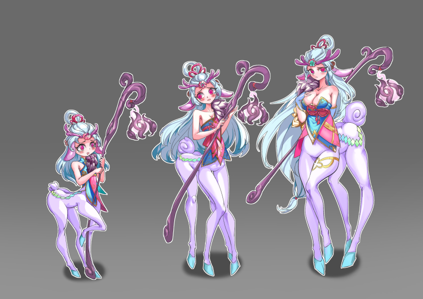 1girl, age_progression, animal_ears, breasts, centaur, centauroid, cleavage, highres, japanese_clothes, league_of_legends, lillia_(league_of_legends), pink_eyes, reindeer_girl, spirit_blossom_lillia, staff, tail, taur, transformation, white_hair