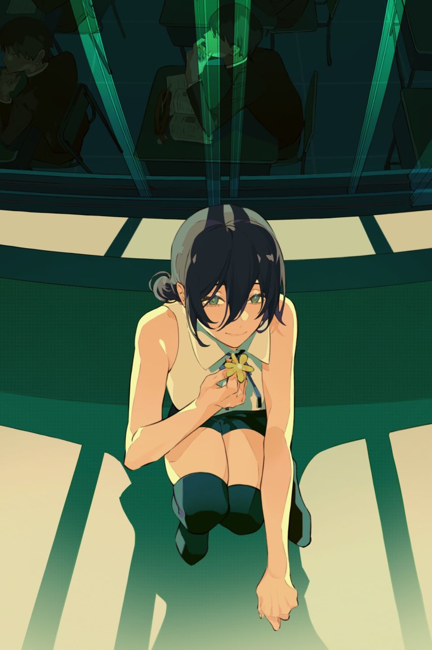 1girl, 2boys, black_hair, black_ribbon, book, chainsaw_man, classroom, eraser