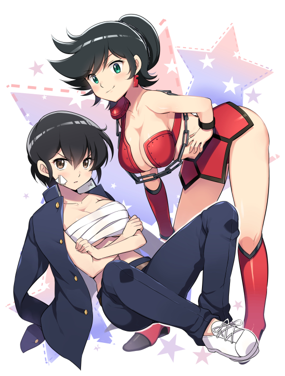 2girls, armpits, asymmetrical_clothes, bandage_on_face, bandages, bent_over, black_hair, black_jacket