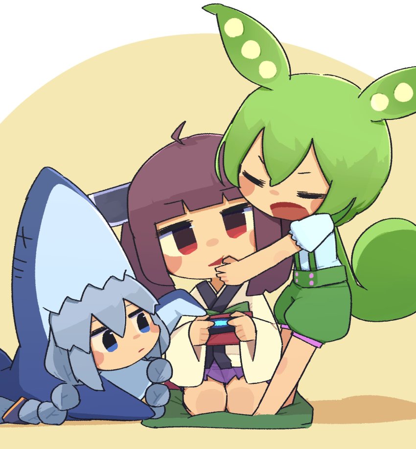 3girls, ahoge, animal_costume, animal_ears, bare_legs, blouse, blue_eyes, blunt_bangs, blush_stickers, braid, brown_eyes, brown_hair, chibi, closed_eyes, commentary, controller, cosplay, cushion, face_hug, game_controller, green_hair, green_shorts, grey_hair, headgear, highres, holding, holding_controller, holding_game_controller, japanese_clothes, kigurumi, kimono, kizuna_akari, konohoshi, long_hair, looking_at_viewer, lying, miniskirt, multiple_girls, on_stomach, open_mouth, purple_skirt, seiza, shark_costume, shirt, short_hair, short_sleeves, shorts, sitting, skirt, standing, suspender_shorts, suspenders, touhoku_kiritan, twin_braids, vocaloid, voiceroid, voicevox, white_kimono, white_shirt, yellow_background, zabuton, zundamon