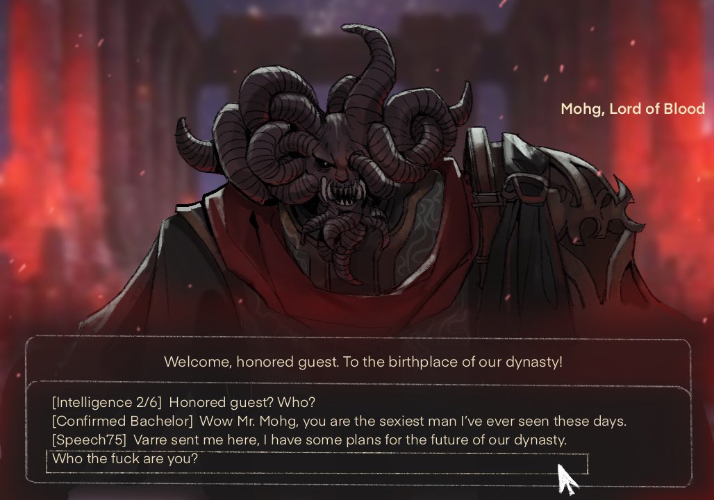 1boy, cursor, dialogue_box, elden_ring, english_text, fallout, gameplay_mechanics, horns