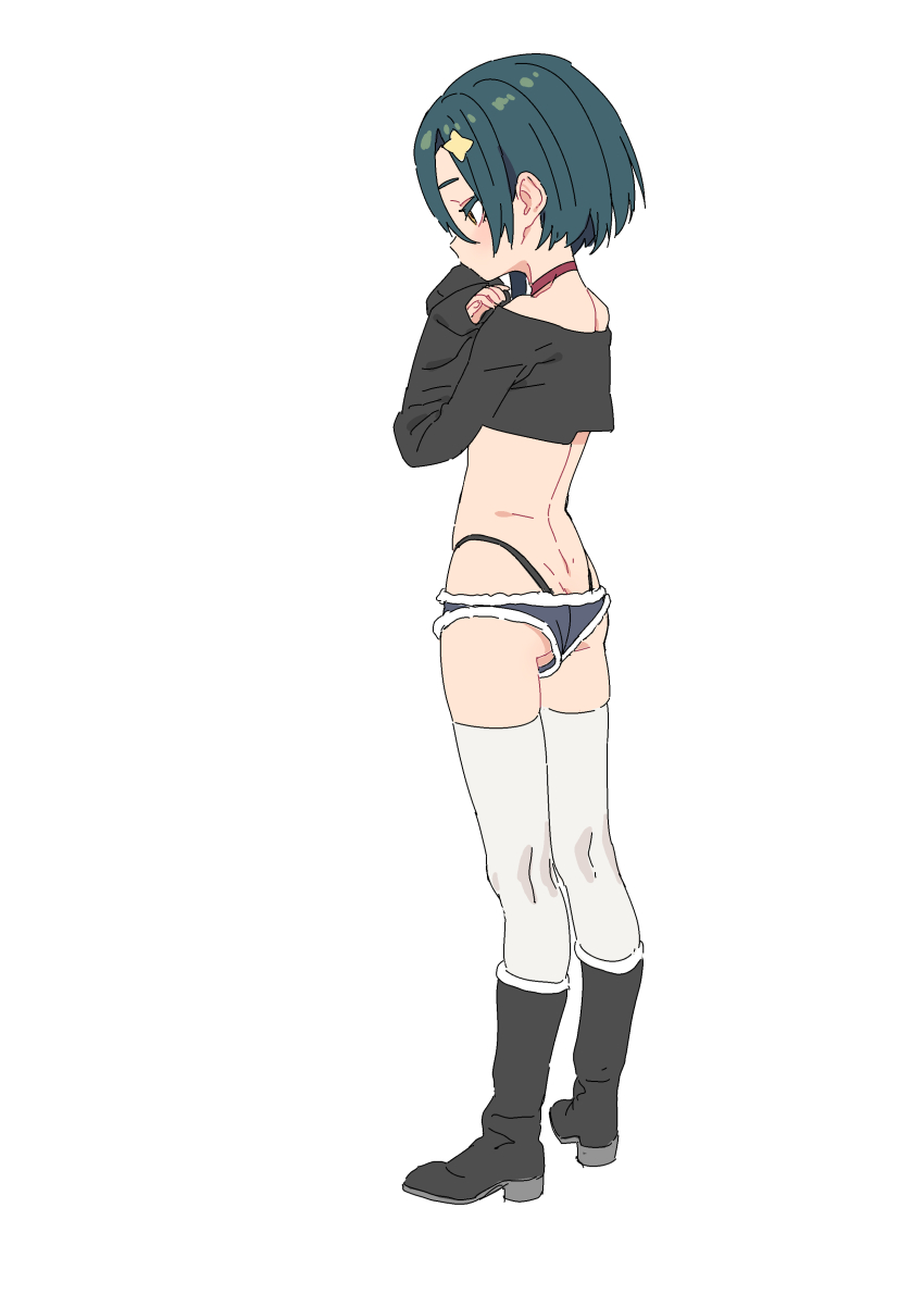 1girl, absurdres, ass, asymmetrical_hair, black_boots, black_shirt, blouse, boots