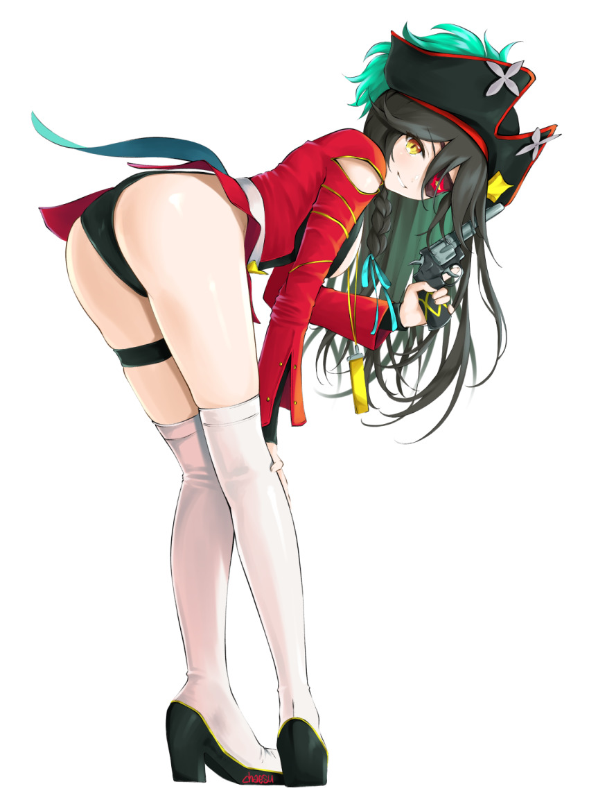 1girl, ass, bent_over, black_footwear, black_hair, black_hat, black_panties, braid, chaesu, clothing_cutout, colored_inner_hair, commentary, english_commentary, epic_seven, eyepatch, flan_(epic_seven), full_body, green_hair, grin, gun, handgun, hat, high_heels, highres, holding, holding_gun, holding_weapon, jacket, long_hair, long_sleeves, looking_at_viewer, multicolored_hair, panties, pirate_captain_flan_(epic_seven), red_jacket, revolver, shoulder_cutout, simple_background, single_braid, smile, solo, standing, thigh_strap, thighs, tricorne, underwear, weapon, white_background, white_legwear, yellow_eyes