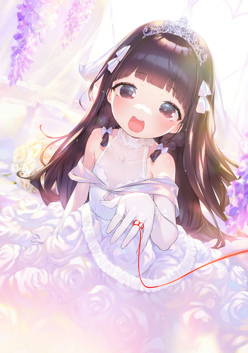 1girl, absurdres, backlighting, bare_shoulders, black_eyes, black_hair, blunt_bangs, blush, bow, bridal_veil, bride, child, collarbone, dress, elbow_gloves, flat_chest, flower, gloves, hair_bow, henreader, highres, jewelry, kyou_kara_ore_wa_loli_no_himo!, looking_at_viewer, necklace, nijou_touka, non-web_source, open_mouth, smile, solo, string, string_around_finger, string_of_fate, tiara, upper_body, veil, wedding_dress, white_dress, white_gloves