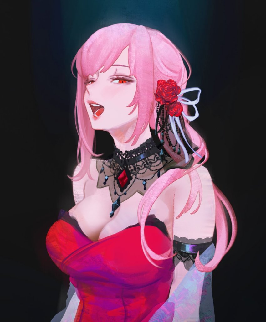 1girl, artofkuzu, bare_shoulders, black_background, breasts, cleavage, detached_collar, dress, flower, gem, hair_flower, hair_ornament, highres, hololive, hololive_english, large_breasts, long_hair, looking_at_viewer, low_ponytail, mori_calliope, mori_calliope_(party_dress), open_mouth, pink_hair, ponytail, red_dress, red_eyes, red_flower, red_lips, red_rose, rose, strapless, strapless_dress, virtual_youtuber
