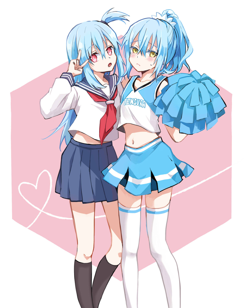2others, black_socks, blouse, blue_hair, blue_skirt, blush, cheerleader, ciel_(tensura), collarbone, collared_shirt, crop_top, frown, grey_sailor_collar, hair_between_eyes, high_ponytail, highres, kneehighs, long_hair, looking_at_viewer, midriff, miniskirt, multiple_girls, multiple_others, navel, neckerchief, one_side_up, open_mouth, pleated_skirt, pom_pom_(cheerleading), ponytail, red_eyes, red_neckerchief, rimuru_tempest, sailor_collar, sailor_shirt, school_uniform, serafuku, shirt, shoura, skirt, socks, standing, stomach, sweatdrop, tensei_shitara_slime_datta_ken, thighhighs, v, white_legwear, white_shirt, yellow_eyes, zettai_ryouiki