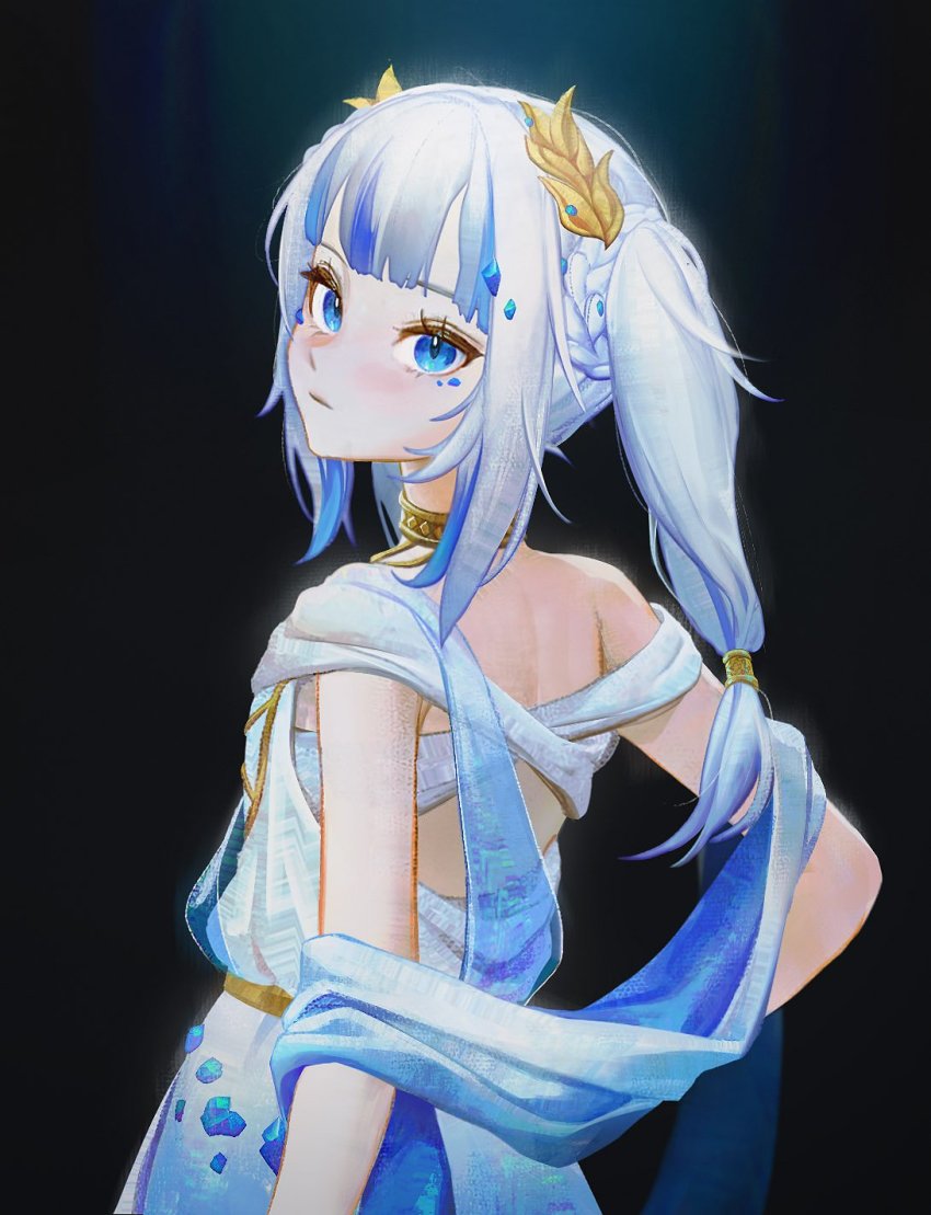 1girl, artofkuzu, back, black_background, blue_dress, blue_eyes, blue_hair, blush