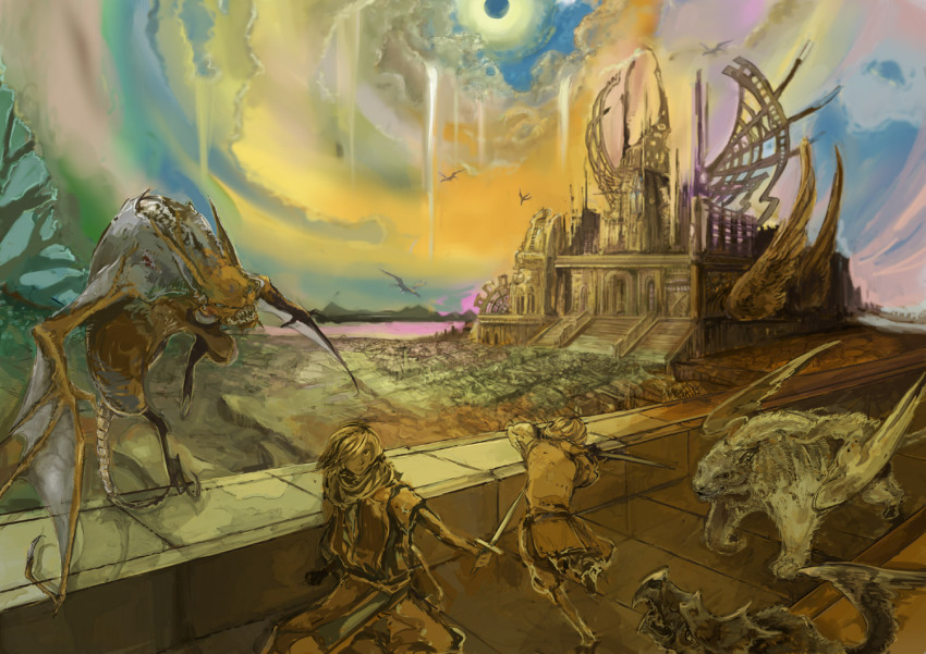 2boys, battle, bridge, castle, city, cityscape, cloud, moi_(pixiv), monster, multiple_boys, sky, sword, weapon