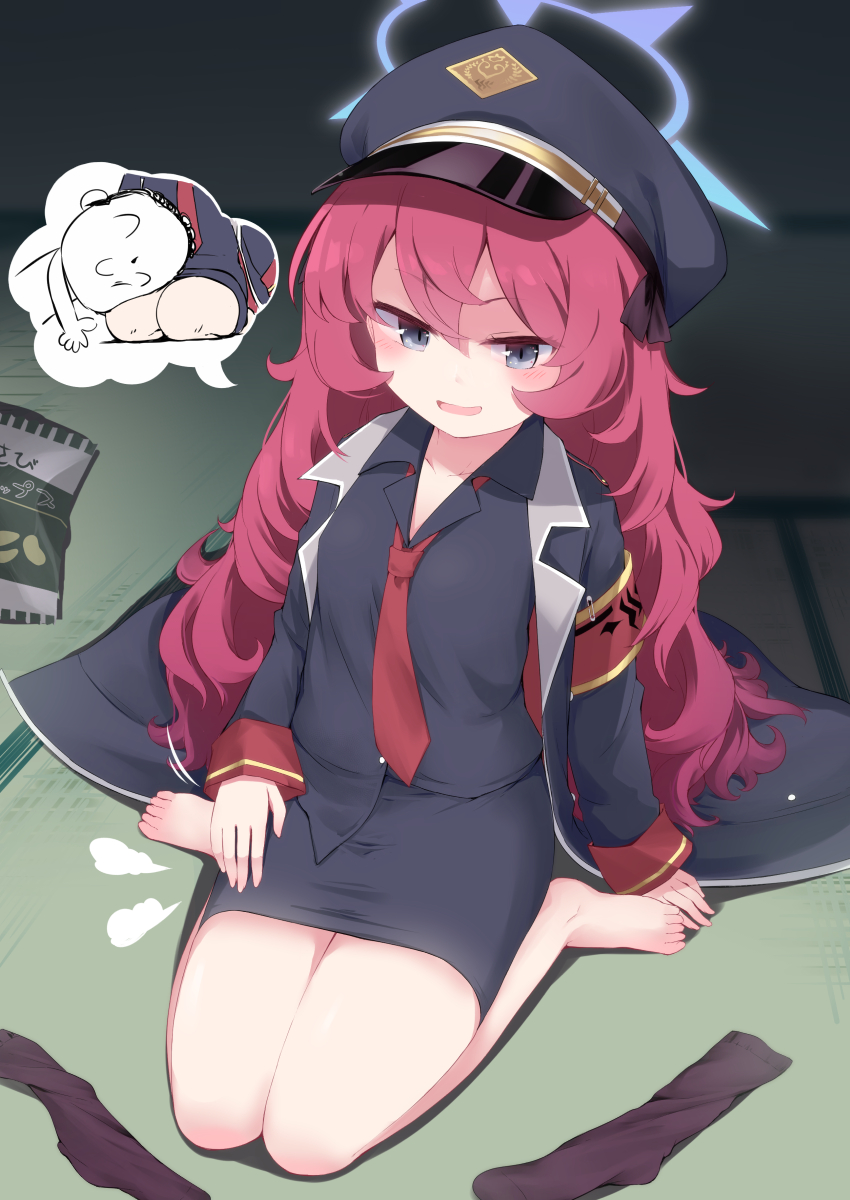 1girl, armband, bag_of_chips, barefoot, black_shirt, black_socks, blouse, blue_archive, blush, halo, hat, highres, iroha_(blue_archive), jacket, lap_pillow, lap_pillow_invitation, military, military_hat, military_jacket, military_uniform, open_clothes, open_jacket, patting_lap, peaked_cap, razy_(skuroko), safety_pin, shirt, sitting, socks, solo, thighs, wariza