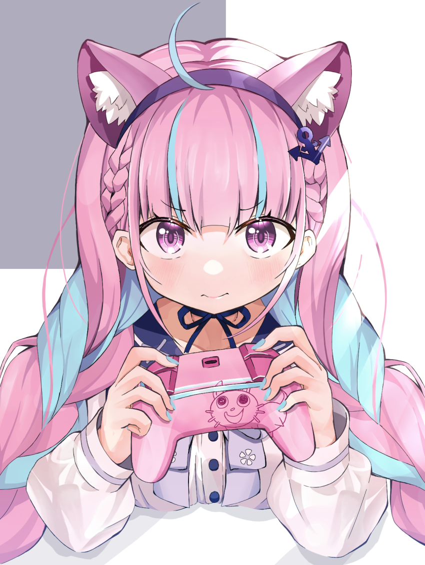 1girl, ahoge, anchor_hair_ornament, animal_ear_fluff, animal_ears, blouse, blue_bow, blue_bowtie