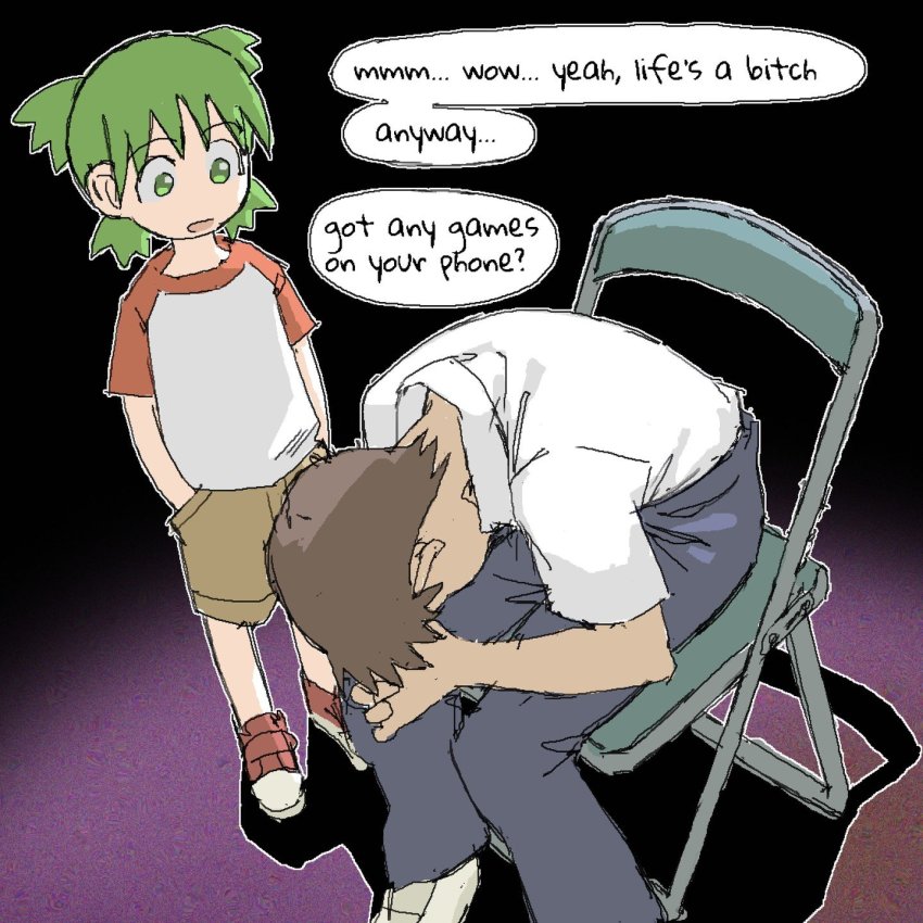 1boy, 1girl, chair, crossover, depressed, do_you_have_games_on_your_phone?_(meme), english_text, green_hair