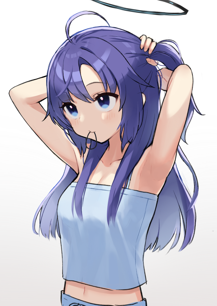1girl, ahoge, armpits, arms_behind_head, arms_up, azu_(azusayumix), bare_arms, bare_shoulders