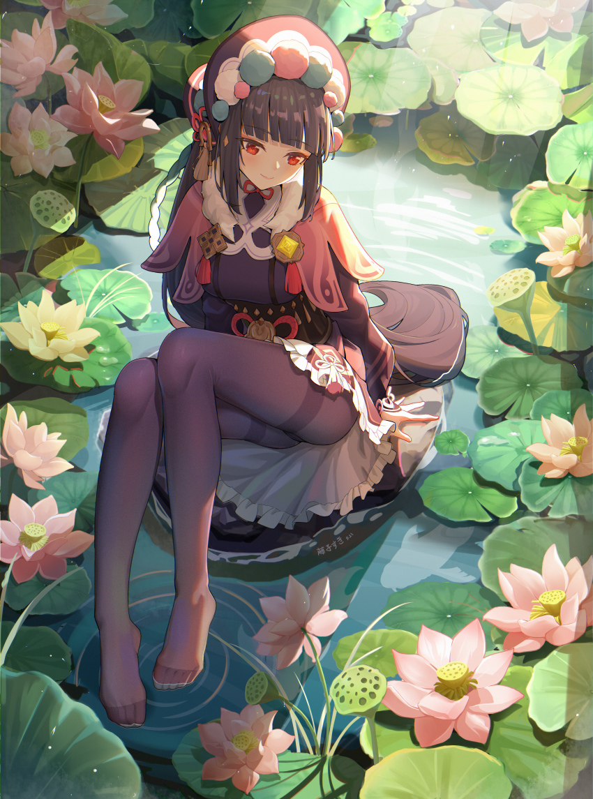 1girl, absurdres, blunt_bangs, bonnet, braid, capelet, dress, feet