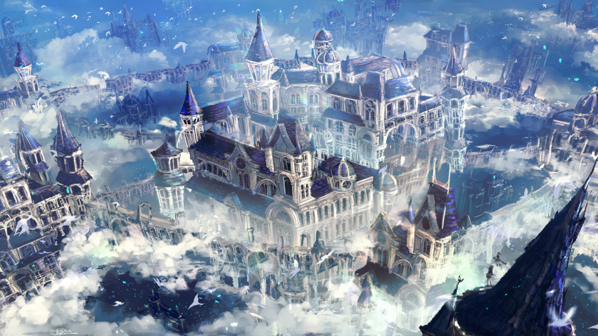 2others, arch, architecture, bird, castle, cloud, cloudy_sky, column, commentary_request, day, fantasy, flying, fortress, greco-roman_architecture, multiple_others, original, pillar, scenery, shizui_fen, sky, temple, tower