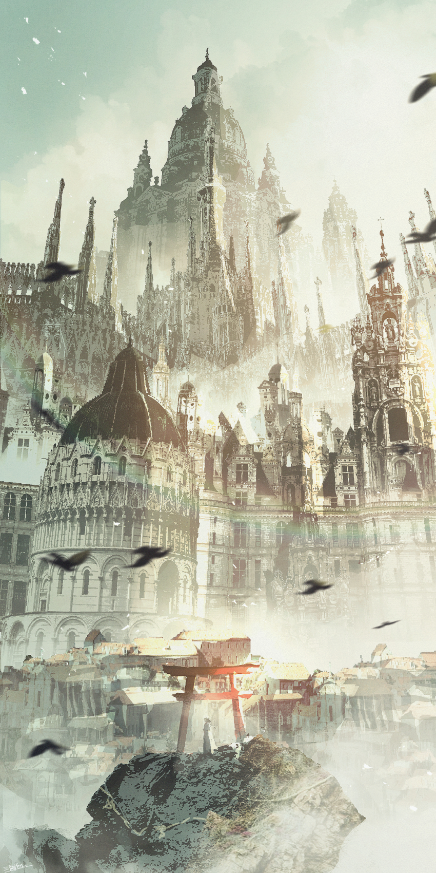 arch, architecture, bird, black_bird, building, cathedral, church, commentary_request, fantasy, goth_fashion, gothic_architecture, highres, motion_blur, night, original, pillar, scenery, shizui_fen, shrine, sky, tower, wide_shot