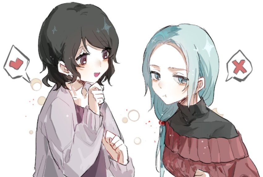 2girls, :d, :t, black_hair, blouse, blue_eyes, blue_hair, cardigan