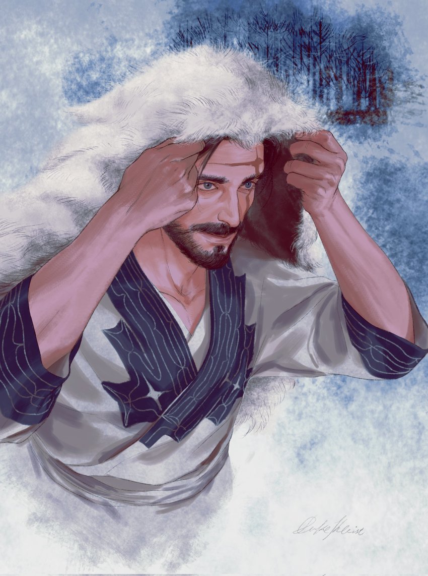 1boy, ainu_clothes, artist_name, beard, black_hair, blue_eyes, duke_kleist, facial_hair